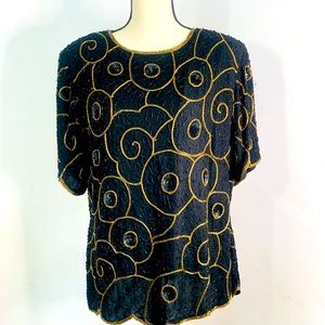 Vintage Stenay Plus Black Gold Beaded Silk Blouse